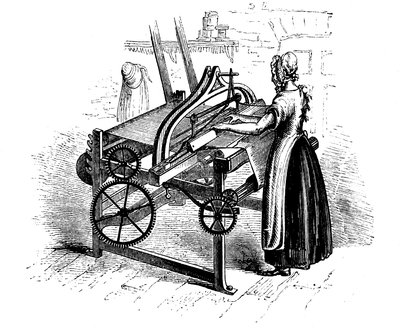 Pamuk dokumak için elektrikli dokuma tezgahı çalıştıran kadın, c1840 by Unbekannt
