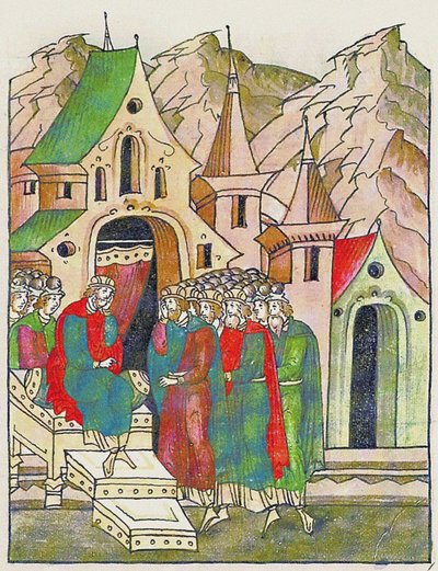 Kievli Yaropolk, kardeşlerini uzlaştırmaya çağırıyor. Illuminated Derlenmiş Chronicle'dan, İkinci by Unbekannt