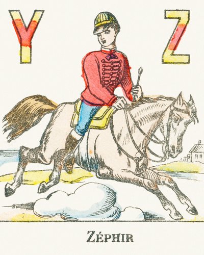 Z : Zephir, Zephyr adlı atıyla dört nala koşan bir binici - Oyunlar Alfabesi, c.1890 (gravür) by Unbekannt