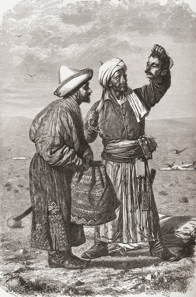 Düşmanının kopmuş kafasını tutan bir Afgan askeri, Gauchard ve Charles Barbant (ö.1922) tarafından oyulmuş 