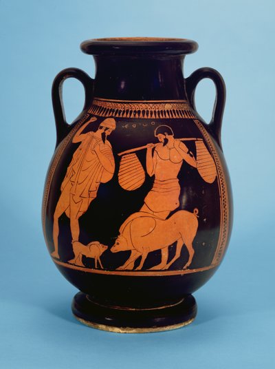 Tavan arası kırmızı figürlü pelike: Domuz Ressamı tarafından domuzlar, domuz çobanı ve Odysseus, MÖ 470-60 by Unbekannt Unbekannt