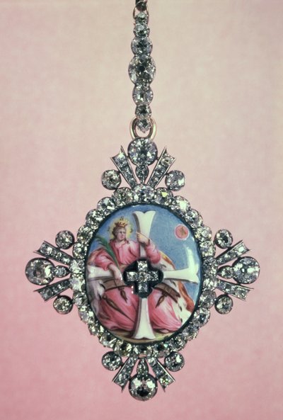 St. Catherine Nişanı, parlak kesim pırlanta ve mine minyatürlü gümüş set, 1770-80 by Unbekannt Unbekannt