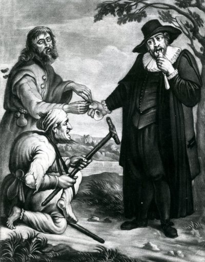 Blind Plaintiff, Lame Defendant Share, The friendly laws impartial care, A shell for him a shell for thee, The middle in the lawyers fee c.1700-40 (mezzotint) by Unbekannt Unbekannt