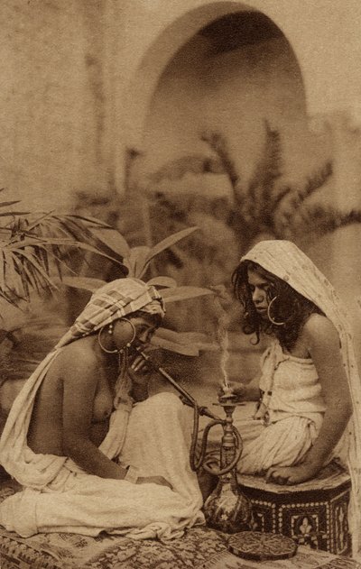 Harem girls smoking a hookah, from an early 20th century postcard (sepia photo) by Unbekannt Unbekannt