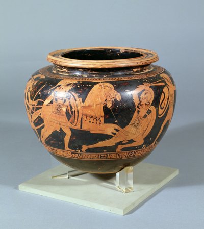 Kahramanca savaş sahnesini gösteren siyah beyaz kabartma ile dekore edilmiş karıştırma kabı (Dinos), Altamura ressamının eseri, MÖ 450 by Unbekannt Unbekannt