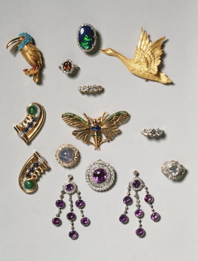 Mücevher seçimi: ametist ve pırlantalı avize küpeler; cabochon yıldız safir ve elmas broş; siyah opal yüzük; ametist ve elmas broş veya kolye ucu; altın uçan kuğu klipsi broş; Tiffany by Unbekannt Unbekannt