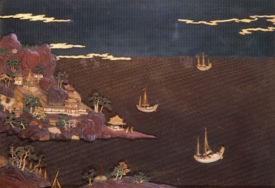 Çağdaş bir baskıdan alınmış deniz sahneli tepsi, bebek bezi işi, c.1785 (lake) by Unbekannt Unbekannt