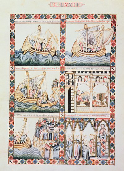 102-0625868/1 Akka'ya Yolculuk, Cantiga 172'ye çizimler, Bakire'nin mucizelerini anlatan 420 müzik bestesinden biri, Galiçyaca Alfonso X 'Bilge' (1221-84) için yazılmış (parşömen) by Unbekannter Künstler