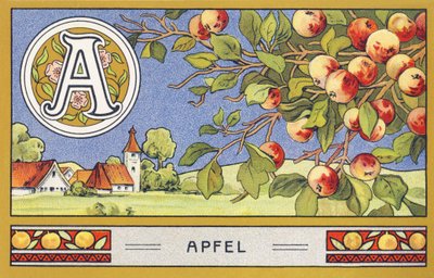 A : Elma - Alfabe Palmin. H. Schlinck & Cie, Hamburg, sd tarafından düzenlenen kromolitograf serisi. Publicite, Palmin'in en iyi hindistancevizi yağını dökün. Boyutlar : 7x11cm by Unbekannter Künstler