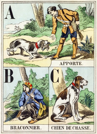 A B C: Getir, Kaçak Avcı, Av Köpeği - Av Alfabesi, c.1890 (gravür) by Unbekannt