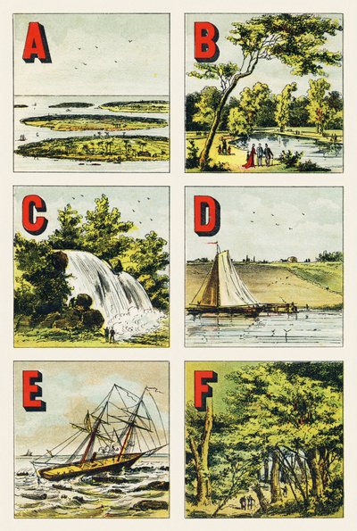 A B C D E F: takımadalar, Bois de Boulogne, şelale, bent, resif, Fontainebleau ormanı - Coğrafi Alfabeden çıkarılan gravür. Guerin-Muller ve Cie, yayıncılar, Paris by Unbekannt