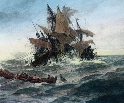 Stralsund şehrine yardım götürmek isteyen bir Danimarka gemisi batıyor. by Unbekannter Künstler