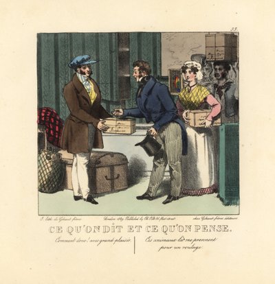 Bir hamala kutular ve sandıklar getiren bir sıra insan. "Elbette, memnuniyetle" diyor. "Bu hayvanlar beni taşıma bandı sanıyor!" diye düşünüyor. İsviçreli sanatçı Jean Gabriel Scheffer