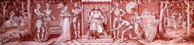 Charlemagne sarayında ortaçağ şövalyeleriyle boyanmış bir Sanat ve El Sanatları cam üçlemesi, c.1860-1910 by Unbekannt
