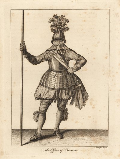 Miğfer, göğüs zırhı, kuşak, pantolon, kılıç ve mızraklı hortumdan oluşan askeri üniformalı bir Pikemen Subayı by Unbekannt