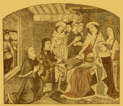 Anthony Woodville Caxton'un ilk basılı taslağını sunuyor by Unbekannter Künstler