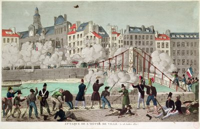 Paris Belediye Binası'na saldırı ve Arcola köprüsü savaşı, 28 Temmuz 1830 (gravür) by Unbekannter Künstler