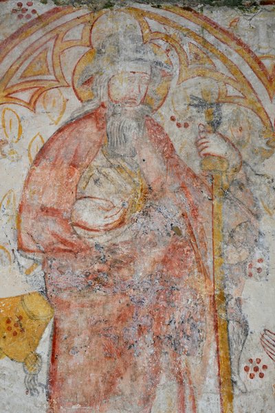 Avy, Notre Dame Kilisesi. 14. yüzyıl duvar resmi (Bakire ve Çocuk çevrelenmiş, Kutsal Koruyucuları eşliğinde pelerinler tarafından tapınılıyor) by Unbekannter Künstler