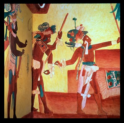 Tüylü kostümlü Bonampak lordları askeri bir zaferin ardından kutlamada dans ediyor, Maya c.800 (fresk) by Unbekannter Künstler
