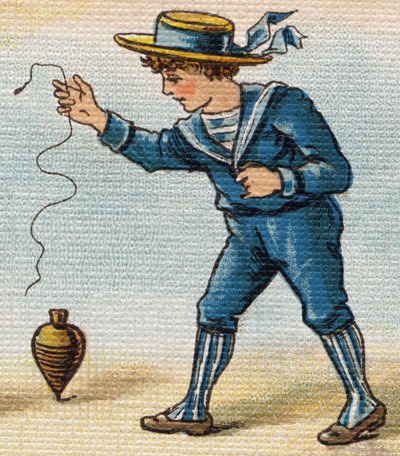 Üst oynayan çocuk. "Alphabet de ma petite fille" gravürü. Bernardin-Bechet ve Fils, kitapçı-yayıncılar, Paris, 1895 civarı. Tuval üzerine kırılmaz albüm. Bibliotheque des Bebes. 12 sayfa. Bir okuma yöntemi ve açıklayıcı bir abec içeren albüm by Unbekannt