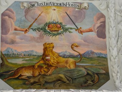 St Catherine Kilisesi'nin koridorundaki tavan freski, İmparator I. Leopold'un Osmanlılara karşı kazandığı zaferlerin alegorik tasvirleri, Habsburg Mozolesi, Graz, Steiermark, Avusturya, Avrupa (fotoğraf) by Unbekannter Künstler