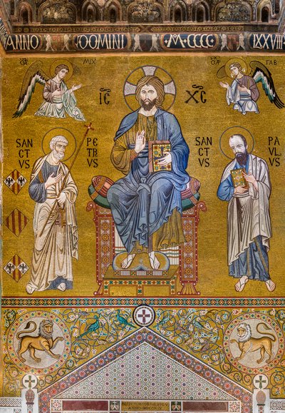 Karşı cephe: mozaik "Majesteleri Aziz Peter ve Paul arasında tahta çıktı", XII yüzyıl, Palatine Şapeli, Kraliyet Sarayı veya Palazzo dei Normanni (Norman Sarayı), Palermo, Sicilya, İtalya (fotoğraf) by Unbekannter Künstler