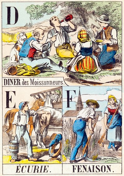 D EF: Diner des Moissonneurs, Ecurie, Fenaison - "Çiftliğin alfabesi" 19. yüzyıl sonu (gravür) by Unbekannt