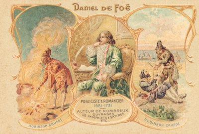 Daniel Defoe yazı masasında ve ünlü eseri (baskı) by Unbekannter Künstler