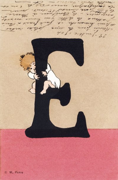 Sarılmak için E, öpücük - Çocuk Alfabesi. CM editörü, Paris. El boyaması kartpostallar, 1904