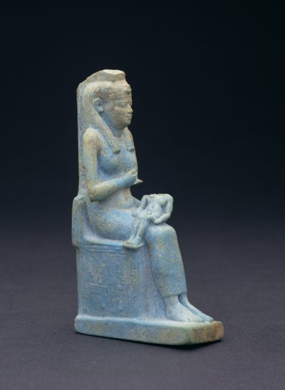 Bir tahtta oturan, kucağında çocuk Horus