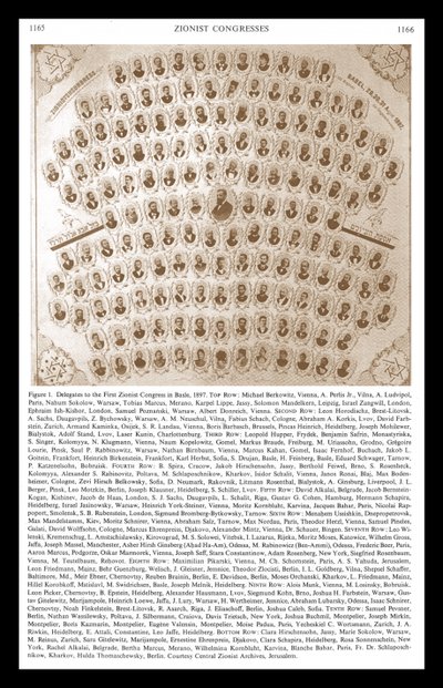 Basel 1897'de Birinci Siyonist Kongre. Theodore Herzl, delegeler ve liderler montajının merkezinde görünüyor. by Unbekannter Künstler