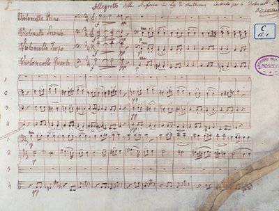 Symphony'nin dört çello skorunun ilk sayfası n. 7 tr A binbaşı, op. 92, Ludwig van Beethoven tarafından by Unbekannter Künstler