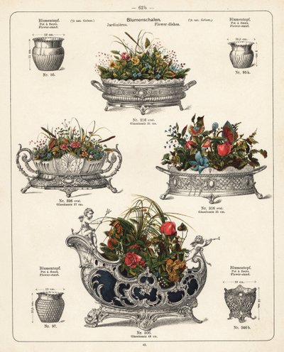 Çiçek standları, çiçek tabakları, vazolar ve jardiniereler. Wuerttemberg Metal Eşya Fabrikası, Geislingen, Almanya tarafından üretilen metal ürünler kataloğundan bir litografi by Unbekannter Künstler