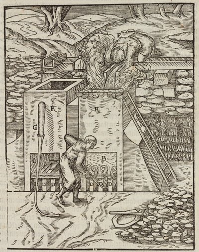 Altın cevherini ısıtmak için fırın - Lazarus Ecker tarafından Cevherlerin Tanımından ve Madenciliğin Temel Yöntemlerinden Gravür by Unbekannt