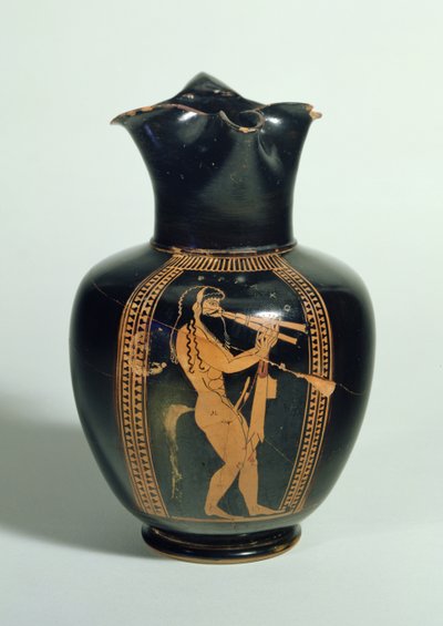 GR.126-1864 Oinochoe, çift flüt çalan Satyr ile süslenmiş, Attika kırmızısı figür, Atina, Yunan, MÖ 520 (kil) by Unbekannt