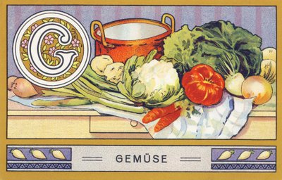G: Gemuse - Alfabe Palmin. H. Schlinck & Cie, Hamburg, s. d. . Palmin feinstes Cocosfett için reklam. Boyutlar: 7 x 11 cm by William M. Timlin