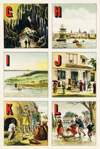 G H I J K L: mağara, Hamburg, ada, Japonya, Kabylie, göl - Coğrafi Alfabeden çıkarılan gravür. Guerin-Muller et Cie, yayıncılar, Paris by Unbekannt