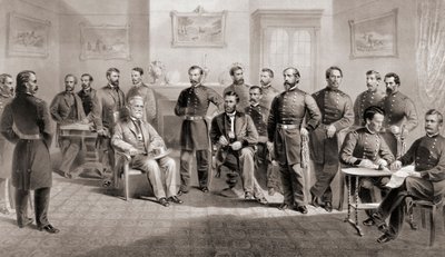 General Ulysses S. Grant (ortada oturan sağda) ve General Robert E. Lee (ortada oturan solda) kendi personeli ile Virginia
