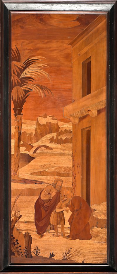 Cenova, Duomo (Aziz Lawrence Katedrali), iç kısım, apsis, koro, Kuzey tarafı: "Vaftizci Yahya ailesinden veda ediyor", Vincenzo e Tommaso Garassino tarafından ahşap kakma (XIX yüzyıl) by Unbekannter Künstler