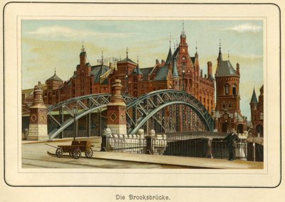 Almanya, Hamburg, "Brooksbruecke" (Brooks köprüsü) ve arka planda "Speicherstadt" olarak adlandırılan limanın depoları, c.1890 (litografi) by Unbekannter Künstler