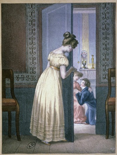 İki sevgilinin özel konuşmasını dinleyen kız, c.1820 (gravür) by Unbekannter Künstler