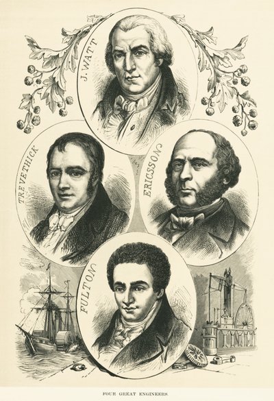 Büyük Mühendisler ve Mucitler: James Watt, John Ericsson, Robert Fulton, Richard Trevithick, , c.1880 (s/b fotoğraf) by Unbekannt