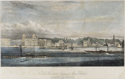 Greenwich Transport Company buharlı gemileri (Greenwich, Royal Tar, Gipsy, Water Lily ve Fly) Greenwich iskele binalarının önünde (İngiltere) by Unbekannter Künstler