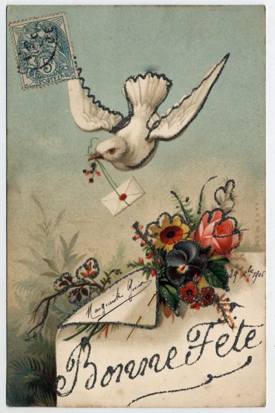 Tebrik kartı: bir kuş mühürlü bir mektup getiriyor - 1906 tarihli kartpostal by Unbekannt