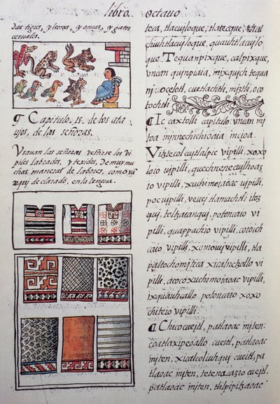 Huipil, soyluların işlemeli bluzlarla giydiği kadın giysisi, Florentine Codex