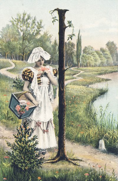 I: Ayakta duran elbiseli, önlüklü ve başlıklı bir kadın sağ kolunda sepet tutmaktadır. Ülke dekoru - Alfabe karakterleri Ref Th. E., L. Theochrom - Serie 994. Theodor Eisman, yayıncı, Leipzig by Unbekannt