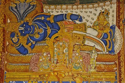 Hindistan, Tamil Nadu, Srirangam, Sri Ranganathasvami Hindu Tapınağı (orig 10. yüzyıl), Vishnu'nun duvar resmi. by Unbekannt