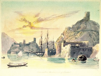 Maskat (Umman) limanının iç görünümü, müstahkem binaların ve demirli gemilerin tasviri. Yarbay Paint Charles Hamilton Smith (1776-1859) by Unbekannter Künstler