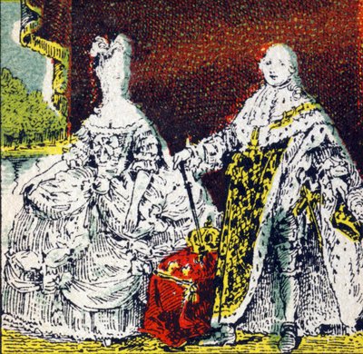 Fransa Kralı Louis XVI ve Kraliçe Marie Antoinette. "Histoire de France"da gravür. Louit adına yayınlanan reklam resimleri serisi, 24 rue d