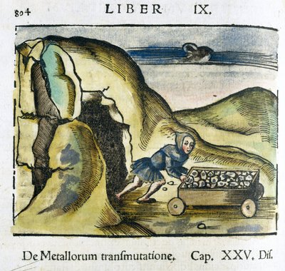 16. yüzyıl madeni: bir adam bir madenin girişinde cevherle dolu bir arabayı iter by Unbekannt